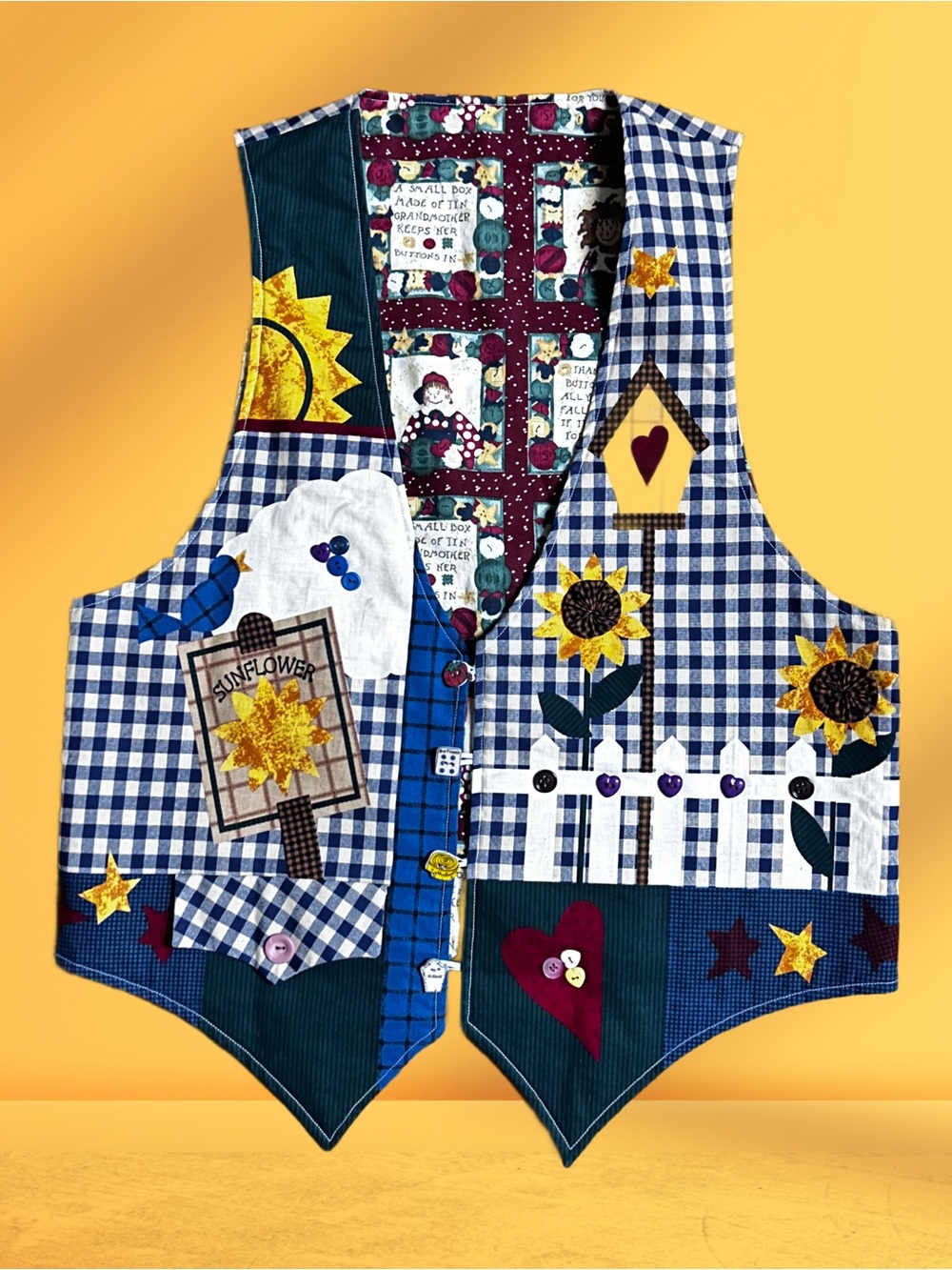 Handmade ~ Large ~ Multi-Colors ~ Sunflower Patchwork Embroidery Reversible Vest